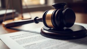Gavel on legal document.