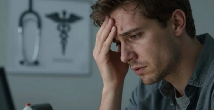 Person looking at clock, medical symbols blurred background.