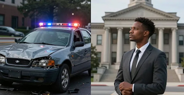 Car accident scene and courthouse with lawyer.