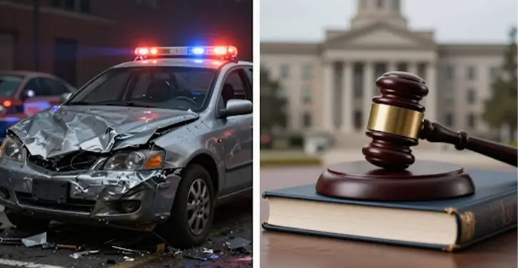 Car accident scene and legal gavel